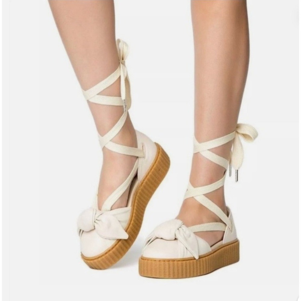 Puma Fenty Rihanna Bow Creeper Sandal Womens 5.5 Tan Excellent Lace Up Platfoorm